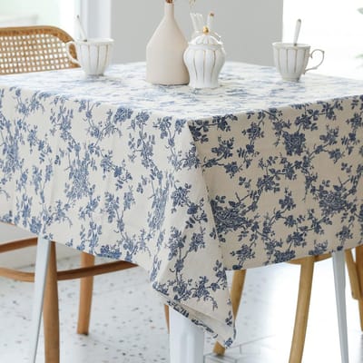 YAGXIG Tafelkleed - Bloemenprint Tafelkleed - Vintage Tafelkleed - Katoen-linnen Tafelkleed - Wasbaar - Landelijke stijl - Geschikt voor kleine vierkante tafels in huis/tuin - Blauw - Vierkant 140×140cm (Geschikt voor vierkante tafels van 80-100cm)