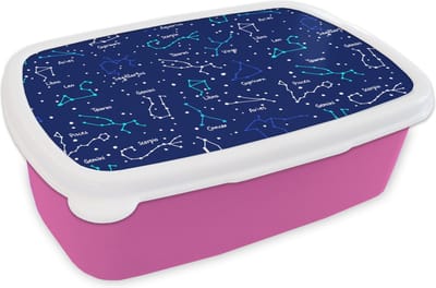 Broodtrommel Roze - Lunchbox - Brooddoos - Zodiac - Sterrenhemel - Nacht - Patronen - Jongens - 18x12x6 cm - Kinderen - Meisje