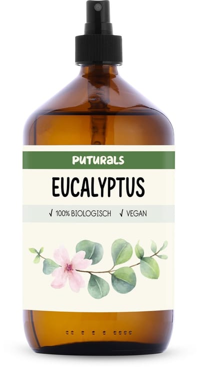 Puturals Eucalyptuswater 100% Biologisch - 1000ml - Eucalyptus Spray voor Huid en Haar - Zonder Alcohol - Puur en Vegan - Bijproduct van Eucalyptus Olie - Bruine Glazen Fles + Verstuiver