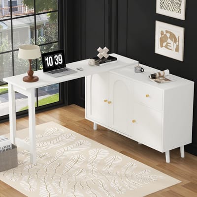 FloraGrace Bureau - 2 In 1 Draaibaar Ontwerp Met Opbergruimte - Hoekbureau En Sideboard Voor Woonkamer Of Kantoor - Spaanplaat - 120x40x74,5 Cm - Wit
