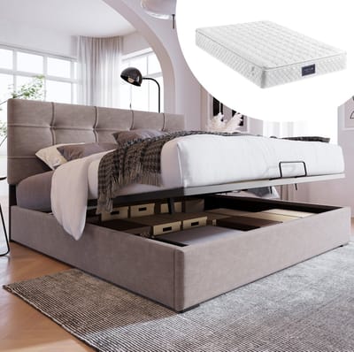 MEUNIQ Gestoffeerd bed 140 x 200 cm met verstelbaar hoofdbord en hydraulische opbergruimte, lichtgrijs