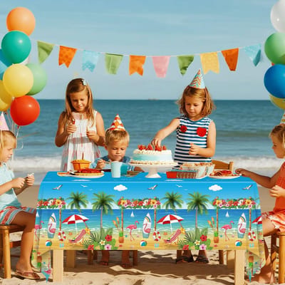 SnelShoppen - Aloha Luau 4-delige Strandthema Tafelkleden Flamingo Surfboard 130x220 cm Wegwerp Tafelkleed voor Feest, Babyshowers, Pool Party Decorat