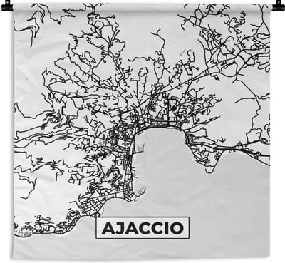 Wandkleed - Wanddoek - Frankrijk - Plattegrond - Ajaccio - Stadskaart - Kaart - Zwart wit - 180x180 cm - Wandtapijt