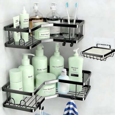 Famanu – Roestvrije hoekdouche caddy, 3-pack, zonder boren, doucheorganizer met zeephouderset, zwart