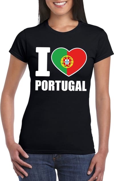 Portugal supporters kleding t-shirt - voor dames - zwart - met vlag kleuren print - korte mouwen S