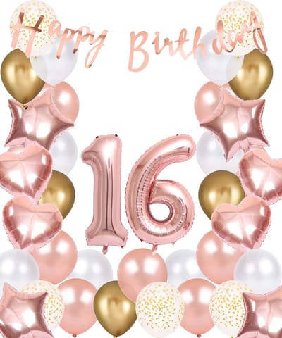 Snoes Ballonnen 16 Jaar Rose Gold White Dots - Compleet Feestpakket met cijfer ballon 16 Jaar - Verjaardag Versiering Slinger Happy Birthday – Folieballon – Latex Ballonnen - Helium Ballonnen - Rose Feestpakket