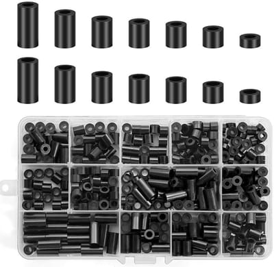 SnelShoppen - Pack van 345 ABS Spacers Plastic M3/M4 Draad met Opbergdoos voor Elektronica en Voertuigbouw, Zwart, 7 Hoogtes, Duurzaam en Corrosiebest