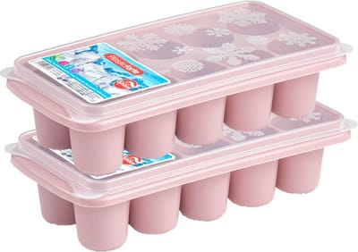 Plasticforte ijsklontjes bakjes - grote ijsblokken van 6.5 cm - 2x stuks - trays met deksel van 10 vakjes - kunststof - roze
