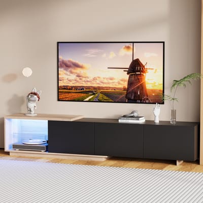 Moderne tv-kast met led-verlichting, tv-tafel met 3 lades, tv-kast van hout, bijzettafel voor in de woonkamer, opbergkast met houtlook, zwart, 240 x 38 x 44 cm (splitsen voor 2 pakketten voor verzending)