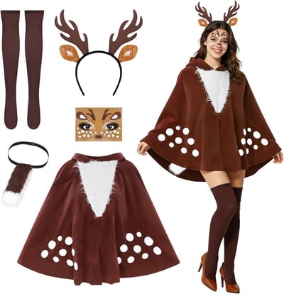 Vijfdelige Carnaval Outfit voor Vrouwen met Herten Kostuum, Hoofdband, Sokken en Cape voor Feestelijke Gelegenheden