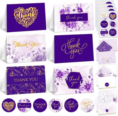 Set van 24 Paarse Bedankkaarten met Gouden Folie, Enveloppen en Stickers