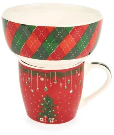Mok en schaaltje - winter - 480 ml - 2 varianten - Nuvole di Stoffa Mok rood Kerstboom en ruiten schaaltje