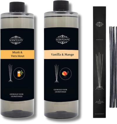 Navulling Musk Vers Hout + Vanille mango + Geurstokjes - Geurstokjes Navulling Set van 2 + 5 Geurstokjes - Geurverspreider - Luchtverfrisser - Huisparfum - 400ml x 2