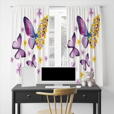 2 stuks Dansende Vlinders Met Mooie Bloemen, Gordijn met Tunnelzoom, Geschikt Voor Woonkamer, Slaapkamer, Kamerdecoratie, Huisdecoratie W50H130(CM)x2pcs&HOOK gray