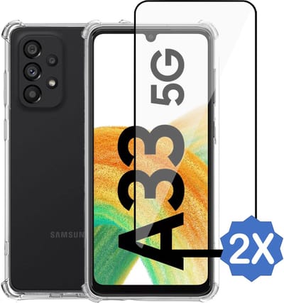 Geschikt voor Samsung A33 5G Hoesje + 2x Screenprotector – Full Cover Gehard Glas – Shock Proof Case – Transparant