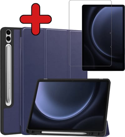 Hoesje - Geschikt voor Samsung Galaxy Tab S9 FE Plus - Met Screenprotector - Trifold Bookcase Hoes - Hard Cover Case - Met Uitsparing Geschikt voor S Pen - Hardcover Book - Tablethoes - Donkerblauw