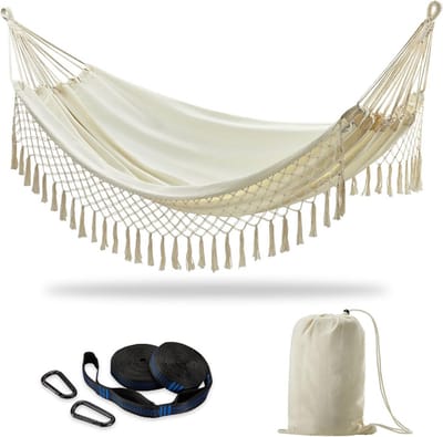Dubbele Hangmat - Katoenen Hangmat - Buiten Ontspannen - Inclusief Boomriemen - 450 Lbs Capaciteit - Natuurlijk Wit