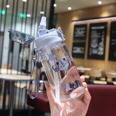 Tasse d'apprentissage pour bébé 550 ml Mignon Imprimé Tigre Enfants École Bouteille d'eau avec paille Bébé Étanche avec Sangle d'épaule bleu
