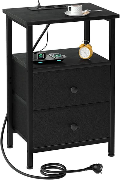 Famanu – Nachtkastje met laadfunctie en opbergruimte, bijzettafel met 2 USB-poorten en 2 stopcontacten, zwart, 40 x 30 x 60 cm
