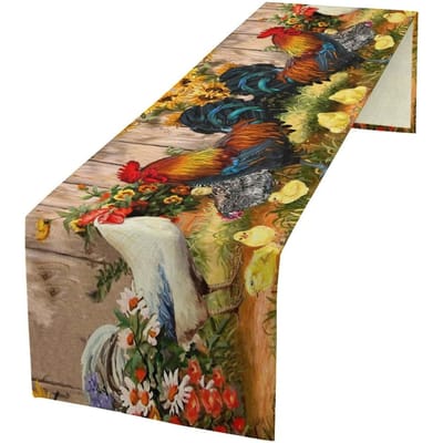 Boerderij Haan Linnen Tafel Runner Feestdecoratie Waterverf Zonnebloem Kip Print Tafel Lopers Keuken Eettafel Decoratie 150x33cm beige