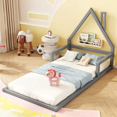 DESMIU Kinderbed 90x200cm - Huisvorm Peuterbed Zonder Matras - Veilig Slaapbed Met Stevig Lattenrooster - Voor Kinderkamer - Grenenhout En MDF - Grijs