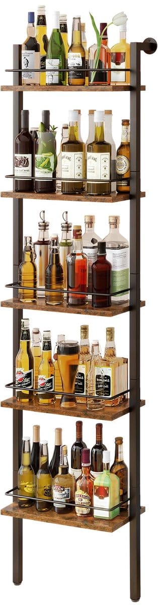 Wijnrek, drankfles displayplank met hekjes, wandgemonteerde zwevende plank opslagstandaard voor keuken, eetkamer, 43 cm L x 20 cm B x 177 cm H Vintage Bruin UHWR001H