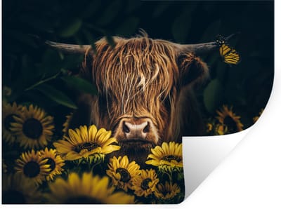 Muurstickers - Sticker Folie - Schotse hooglander - Bloemen - Koe - Botanisch - Dieren - 40x30 cm - Plakfolie - Muurstickers Kinderkamer - Zelfklevend Behang - Zelfklevend behangpapier - Stickerfolie
