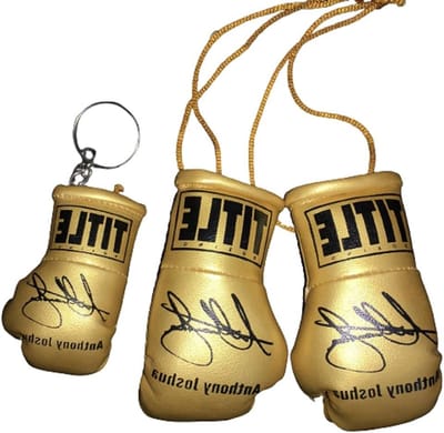 Mini Bokshandschoenen Set - Sleutelhanger Accessoires - Auto Decoratie - Gedrukt Gesigneerd Design - 9 cm Mini Handschoen - Goud