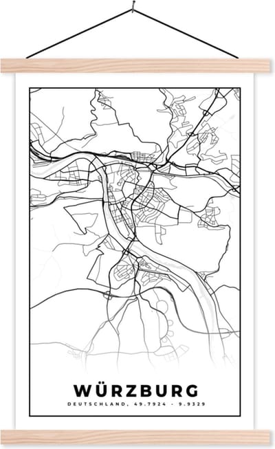 Posterhanger incl. Poster 40x60 cm - Schoolplaat - Würzburg - Kaart - Stadskaart - Plattegrond - Textielposter - Blanke latten - Stadskaart