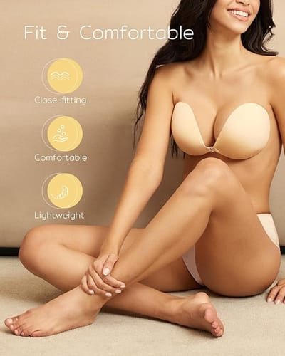 Zelfklevende beha, strapless, onzichtbare push-up, stoffen bh, tepelbedekkers geschikt voor rugloze jurken, nude,B