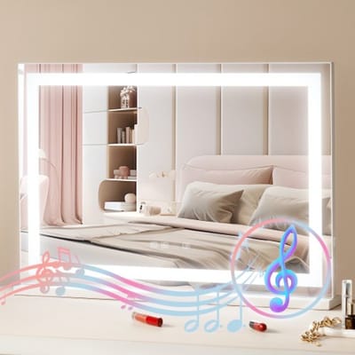 VEVOR Hollywood make-upspiegel met licht, cosmetische spiegel met 3 kleurverlichtingsstanden, LED-make-upspiegel met verlichting, 5x vergroting, Bluetooth, USB, slimme aanraakbediening, 797x547mm