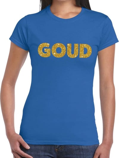 Bellatio Decorations feest t-shirt voor dames goud - glitter tekst - foute party/carnaval - blauw XS