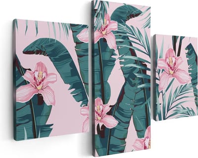 Artaza Canvas Schilderij Drieluik Tropische Roze Zomer Bloemen Met Bladeren - 90x60 - Foto Op Canvas - Canvas Print