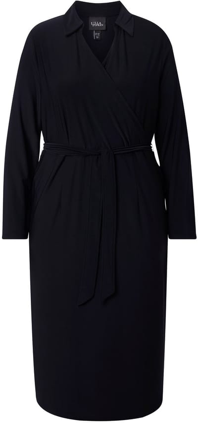 Ulla Popken - Dames - Midi-jurk wikkellook overhemdkraag lange mouwen - Zwart - Maat 54+