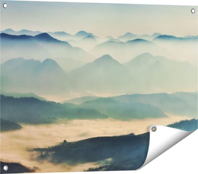 Gards Tuinposter Heuvel Landschap tijdens de Mist - 80x60 cm - Tuindoek - Tuindecoratie - Wanddecoratie buiten - Tuinschilderij