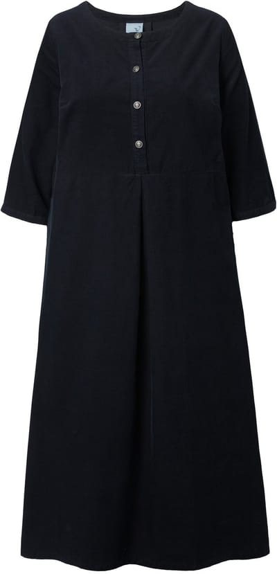 Ulla Popken - Dames - Maxi-jurk van corduroy ronde hals sierplooi 3/4-mouwen - Zwart - Maat 46+