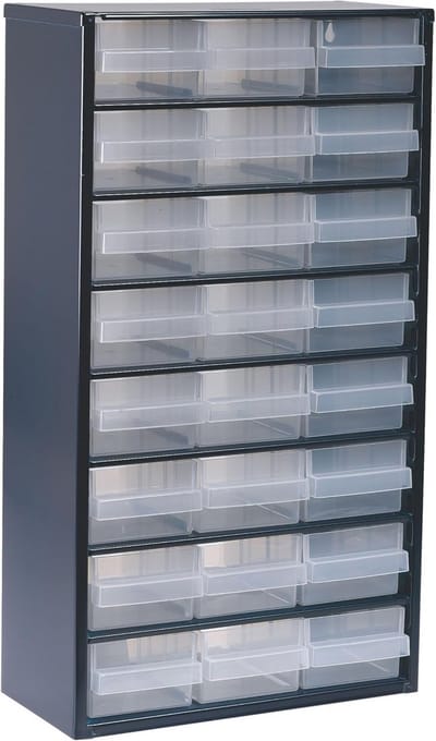 Raaco C12-24 Ladesysteem met 24 Transparante Lades, 29,7 kg Draagvermogen, Muurbevestiging