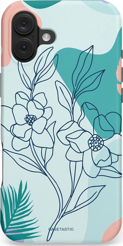 Casetastic hoesje geschikt voor Apple iPhone 16 Plus - MagSafe - Dubbellaagse bescherming - Zeegroen Bloemenfestijn - Fashion Case - Lichtgrijs Turquoise Perzik
