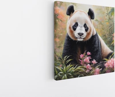 Saammp Canvas Schilderij - Panda tussen de bloemen - Dieren - Abstract - 20x20 - Foto op canvas - Wanddecoratie - Muurdecoratie Woonkamer - Slaapkamer decoratie - Canvas Print
