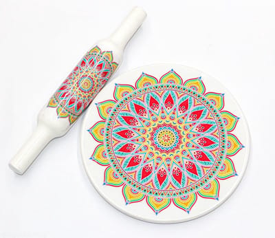 witte marmeren roti maker met houten Belna glazuur print/wit marmer chakla 9 inch diameter met Belna (bedrukt glazuur Chakla Belan)