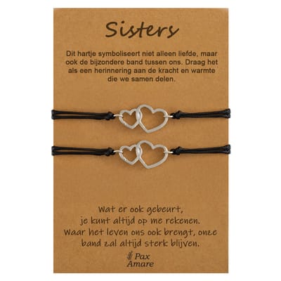 Vriendschapsarmbandjes voor 2 "Sisters" - Verbonden Hartjes - BFF Armbandjes met Cadeau Kaartje - Zilverkleurig - Elastisch Verstelbaar - Pax Amare