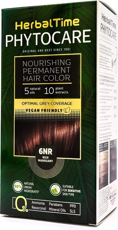 Herbal Time Phytocare Rich Mahogany Permanente Haarverf – Donkerbruine Vegan Bio Haarkleuring zonder Ammoniak – Optimale Grijsdekking – 125ml