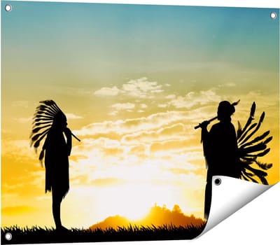 Gards Tuinposter Twee Silhouetten van Indianen bij Zonsondergang - 80x60 cm - Tuindoek - Tuindecoratie - Wanddecoratie buiten - Tuinschilderij