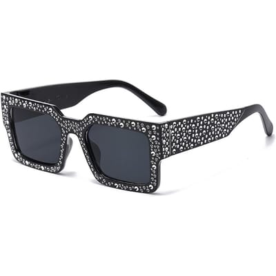 Lunettes Rectangulaires Premium Femmes Hommes Tendance Diamant Rectangulaire Designer Paillettes Lunettes de Soleil Protection UV 400 Lunettes de Soleil black