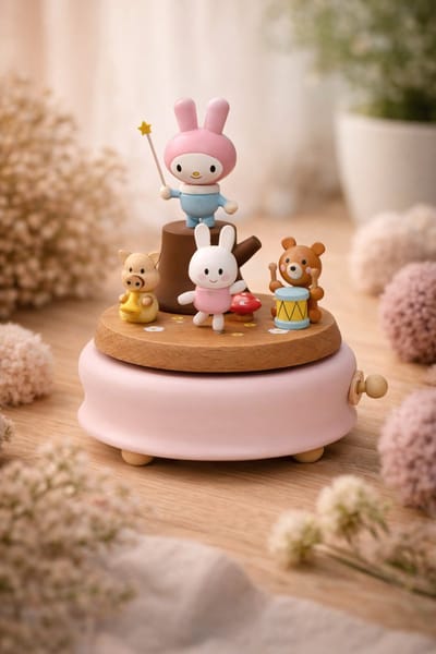 Afecto Muziekdoosje - opwindbaar - hout - Afecto Houten Muziekdoos met Dansende Bosdieren – Konijntje, Beertje en Biggetje – Draaibare Muziekdoos met Pastel Roze Voet – Decoratief Kinder Muziekdoosje voor Baby- en Kinderkamer