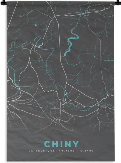 Wandkleed - Wanddoek - Plattegrond – Chiny – Blauw – Stadskaart - Kaart - België - 120x180 cm - Wandtapijt
