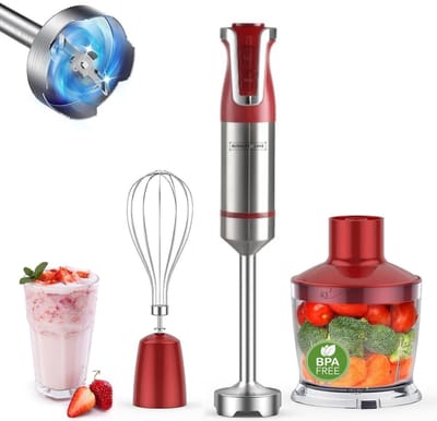 Royalty Line® ESMS800 Staafmixer Set - 3 in 1 Staafmixer Met Hakmolen & Garde - 800W - BPA Vrij - Mixer met 20 Snelheden + Turbo - Krachtig & Snel Staafmixers - RVS / Rood