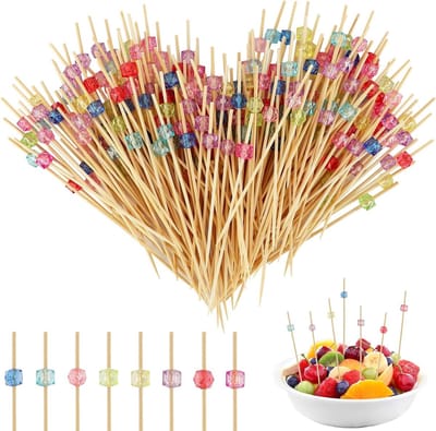 Cocktailspiesen - Veelkleurig - 12 cm - Houten Fingerfood Spiesen met Kristallen Vierkanten - Voor Feesten en Party's