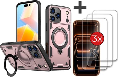 Hoesje Geschikt voor iPhone 17 Pro Max met 3 Stuks gehard glas Screenprotector - Armor hoes met Ringhouder - Arara backcover - Rosegoud