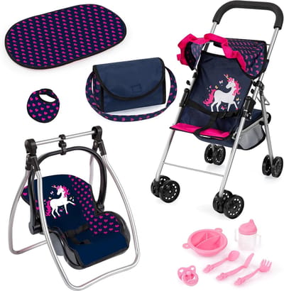Opvouwbare Poppenbuggy - Poppenwagen Set - Rollenspel Voeren - Inclusief Wieg - 46 cm Pop - Harten